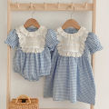 Baby Sister Clothes Summer Baby Girl Clothes Blue Plaid Dress Ruffled Collar Baby Girl Romper One Piece Sister Clothes Dress. 