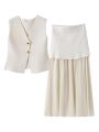 TRAF Women Knitted Sets Loose Skirt Set 2 Pieces 2024 Summer Button V-neck Vest Top Ankle-Length Skirt Lady Street Outfit. 
