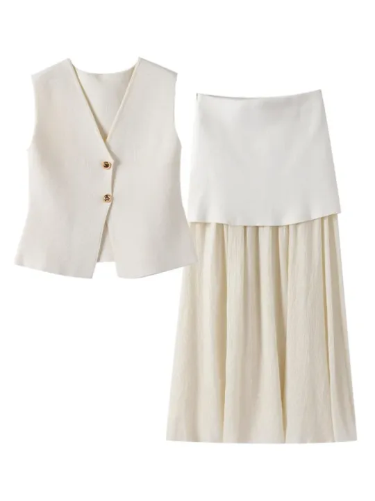 TRAF%20Women%20Knitted%20Sets%20Loose%20Skirt%20Set%202%20Pieces%202024%20Summer%20Button%20V-neck%20Vest%20Top%20Ankle-Length%20Skirt%20Lady%20Street%20Outfit%20-%20Image%206