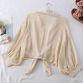 Women Summer Bat Half Sleeve Chiffon Shirt Casual Loose Button Hollow White Clothes Elegant Solid Color Tied Waist Blouse 9776. 