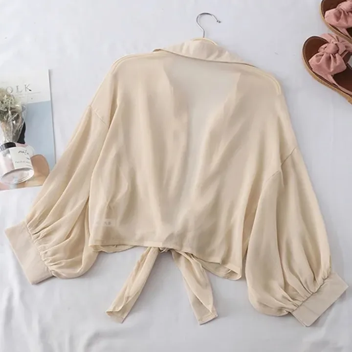 Women%20Summer%20Bat%20Half%20Sleeve%20Chiffon%20Shirt%20Casual%20Loose%20Button%20Hollow%20White%20Clothes%20Elegant%20Solid%20Color%20Tied%20Waist%20Blouse%209776%20-%20Image%206
