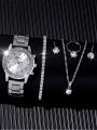 6 Pieces of Fashionable and Versatile Diamond Inlaid Rhinestone WOMEN'S Quartz Steel Band Watch+necklace+earrings+ring+bracelet. 