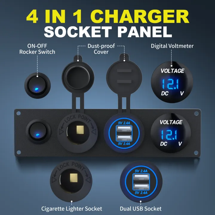 DaierTek%204%20in%201%20ON/OFF%20Charger%20Socket%20Panel%20Dual%20USB%20Socket%20Power%20Outlet%20&%20LED%20Voltmeter%20&Cigarette%20Lighter%20Socket&%20LED%20Switch%20-%20Image%203