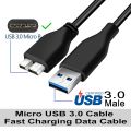 USB 3.0 A Male to Micro B Male cable, commonly used for connecting portable external hard drives and other USB 3.0 peripherals. .