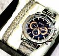 Men's Watch Set -Top Fashion Creative Luxury  Round Silver Large  Dial  Analoge Stainless steel Braclete Wstch+Cuban Link Heavy Chain Braclets For Men/Boys -Positif Men's Business Watch with Braclet. 
