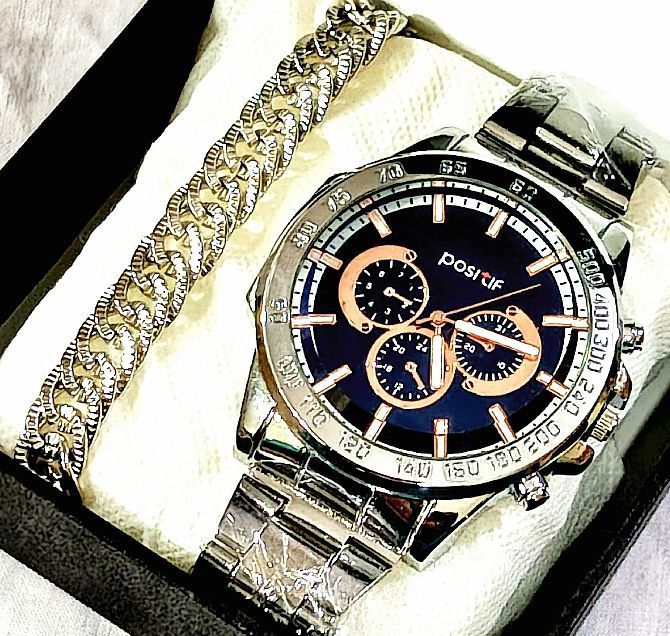 Men's Watch Set -Top Fashion Creative Luxury  Round Silver Large  Dial  Analoge Stainless steel Braclete Wstch+Cuban Link Heavy Chain Braclets For Men/Boys -Positif Men's Business Watch with Braclet