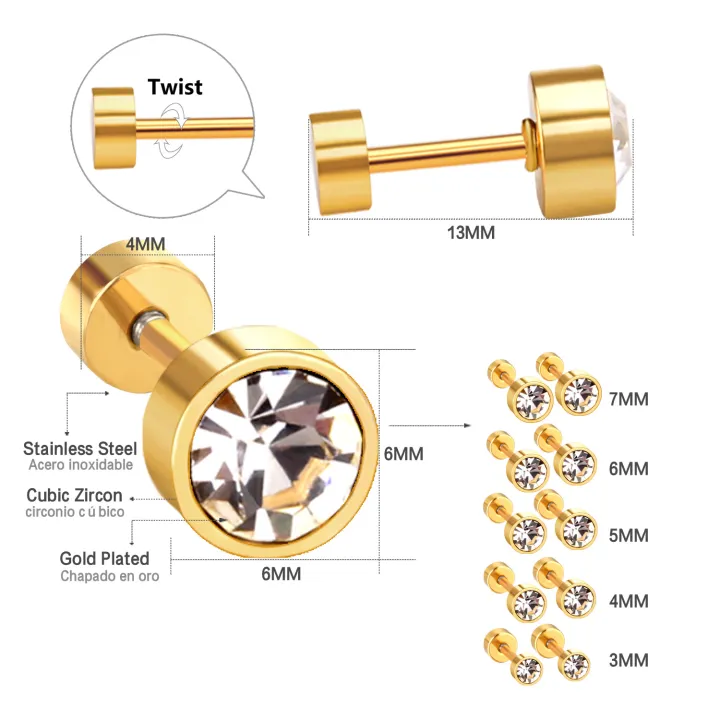 LUXUSTEEL%20Twist%20Back%20Round%20Cubic%20Zirconia%20Stud%20Earrings%20Stainless%20Steel%20Anti-allergy%20For%20Women%20Men%203mm%20to%207mm%20Christmas%20Party%20-%20Image%202