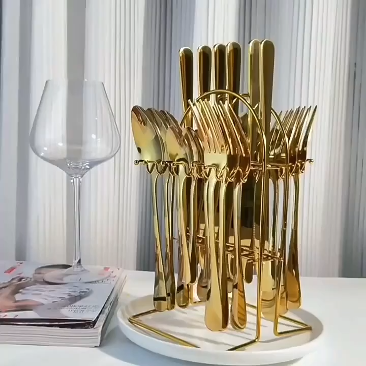 Techmanistan 24 Pieces Stainless Steel Golden Cutlery Set, Polished Cutlery For 6 People, Stainless Steel Cutlery incl. Knife, Fork, Spoon, Teaspoon, Cutlery Gift Box