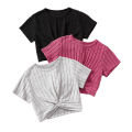 Spring/Summer Girl Big Boy Girl Casual Cute Solid Color Round Neck Short Sleeve Three Piece Set.