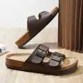Summer Wear Muller Slippers Fashion Casual Beach Sandals New Leather Birkenstok Mens Cork Flip-flops Male Couple Retro Slides. 