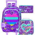 3PCS Rolling Backpack for Girls, Kids Roller Wheels Bookbag, Wheeled School Bag with Lunch Bag - Heart Purple.