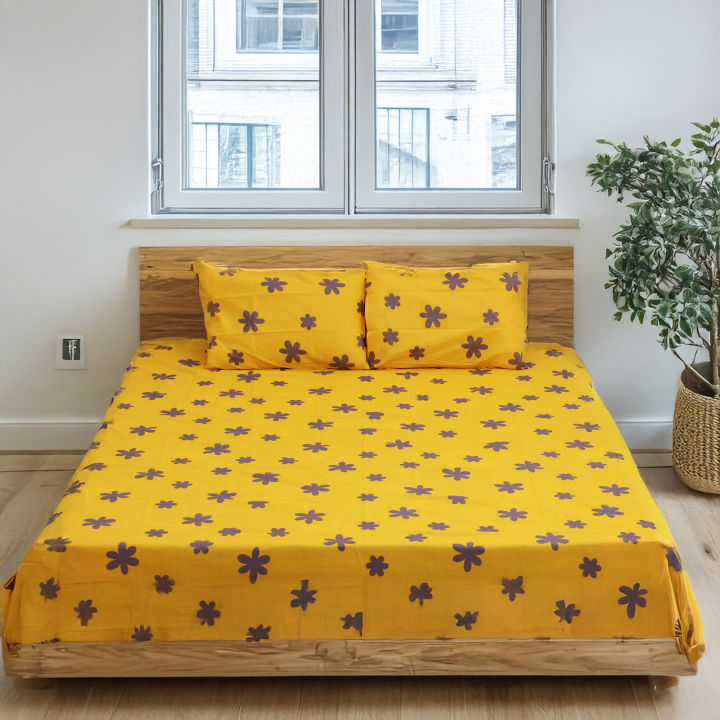 King Size Premium Bed Sheet 88" x 98" with 2 Pillow Covers | Yellow Bed Sheet with Grey Floral Print
