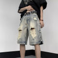 Summer ripped denim shorts men's cropped pants trendy brand fat plus fat plus plus plus size loose beggar mid pants horse pants. 