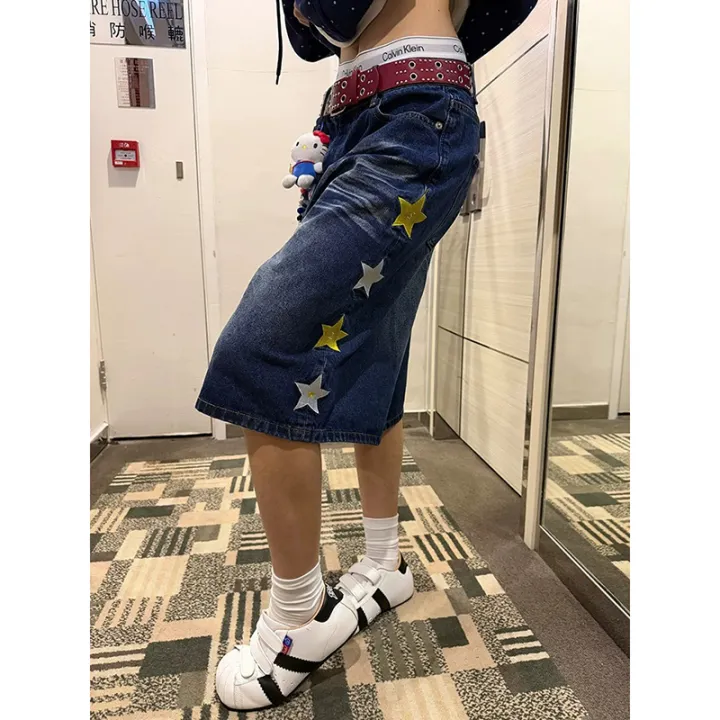 YIBASHU%202026%20Summer%20Women%20American%20Retro%20Jorts%20Punk%20Denim%20Shorts%20Y2K%202000s%20Japanese%20Harajuku%20Blue%20Star%20Cargo%20Jeans%20Pants%20-%20Image%202