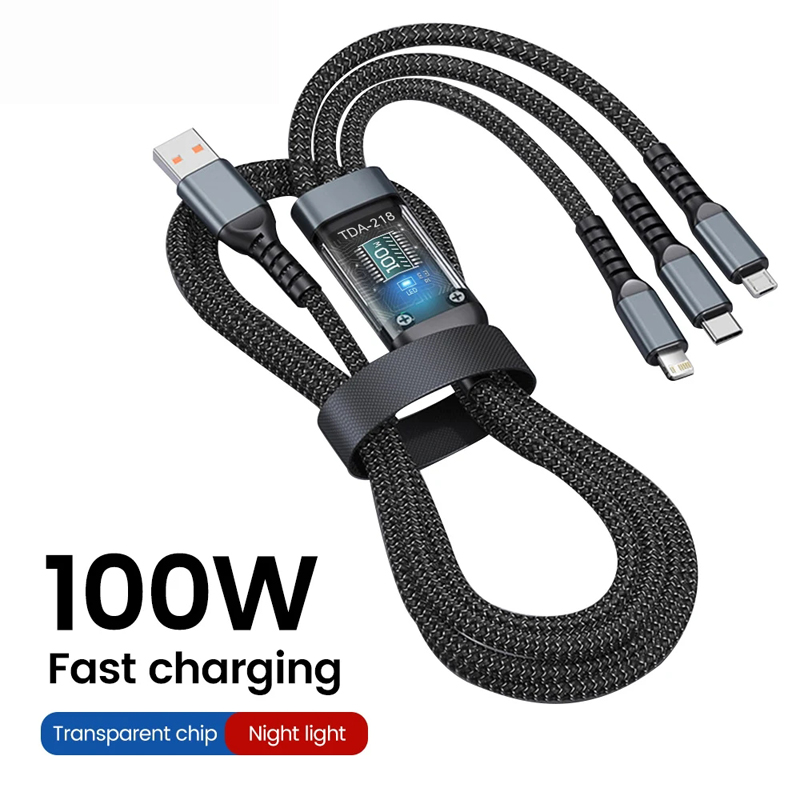 3-in-1 Multi-Port 100W USB Type-C Fast Charging Cable for iPhone, Xiaomi, Poco, Huawei, Samsung