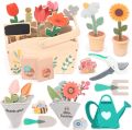 Wooden Garden Play Set – 30 Pcs Kids Gardening Toy with Watering Can Shovel Rake Basket & Accessories – Outdoor Pretend Play. 