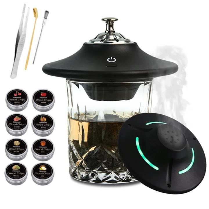 Electric Rechargeable Whiskey Smoker Kit Cocktail Smoker Kit with 8 Wood Chips Ice Stones & Accessories for Bourbon Whiskey