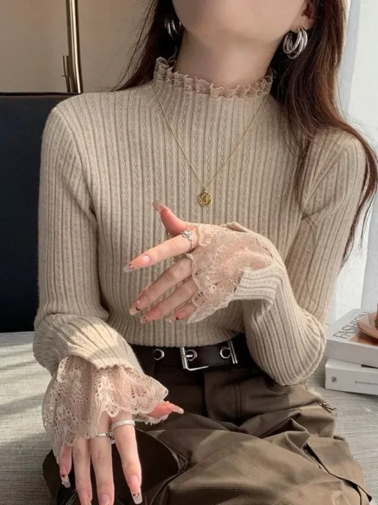 Autumn%20Winter%20Female%20Long%20Sleeve%20Knit%20Patctwork%20Lace%20Sweater%20Turtleneck%20Skinny%20Elastic%20Knitted%20Pullovers%20Women%20Solid%20Color%20Tops%20-%20Image%203