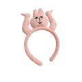 Fun raising hands, pulling hair, pink rabbit headband, funny headband, grabbing bangs, tying hair, cartoon headband. 