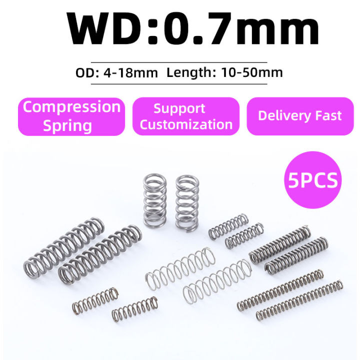 5PCS Compression Spring Wire Diameter 0.7mm Return Spring Steel Pressure Springs Tool OD 4mm-18mm Length10mm-50mm