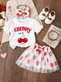 0-24 months Newborn Baby Girl Cute Cherry T-shirt Tutu Skirt Headband 3pcs Outfits Sets. 