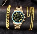 3 Pcs /Mens Fashion Golden Jewelry Deal Top class Casual  Watch + Braclet+Nacklace For Men/Boys Trendy Watch In Random Dial Designs. 
