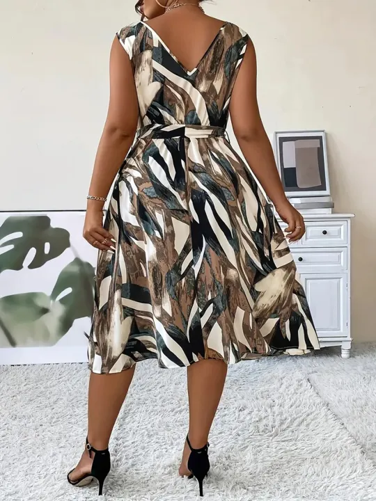 Elegant%20Plus%20Size%20Women's%20Fashion%20Print%20%20V-Neck%20Dress%20Stylish%20Commute%20Slim%20Fit%20Sleeveless%20Dress%20-%20Image%202