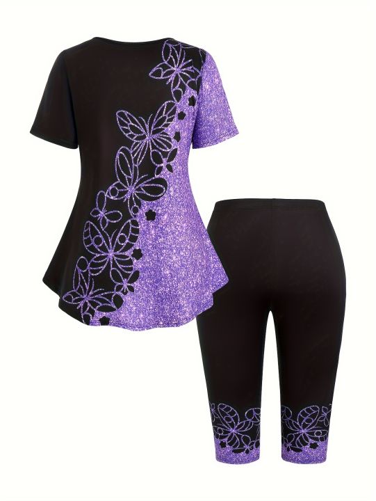 European%20and%20American%20fashion%20plus-size%20color%20matching%20butterfly%20shiny%20sequined%20printed%20short-sleeved%20T-shirt%20and%20cropped%20trouse%20-%20Image%202