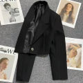 Xpqbb Black Cropped Blazers Woman Trend 2024 New All-match Notched Collar Crop Jacket Women Korean Chic Single Button Suit Coat. 