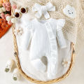 2PCS Autumn New Style 0-1 Year Old Girl Baby Sweet And Cute Solid Color Flying Sleeve Waffle Long-Sleeved Jumpsuit + Hair Band. 