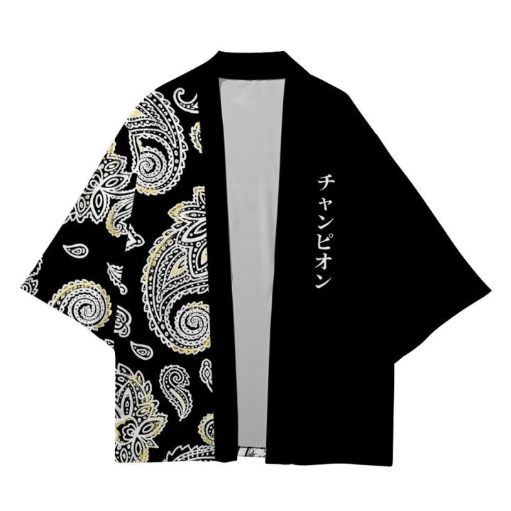 Men Casual Kimono Style Paisley & Japanese Letter Print Haori Yukata Cardigan Summer Women Harajuku Loose Fit Open Front Shirt