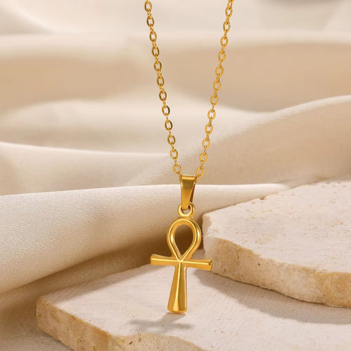 Stainless Steel Cross Pendant Necklace For Women Men Gold Color Ancient Egypt Ankh Cross Charm Choker Jewelry Hip Hop Gift