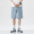 2025 new summer shorts jeans men's elastic deep blue fashionable design jeans slim fit straight leg men's short denim. 