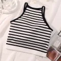 Korean Version Women Tank Tops Thread Solid Casual Fashion Crop Top With Chest Pad Stripe Sleeveless Outer Wear Basic Camisole. 