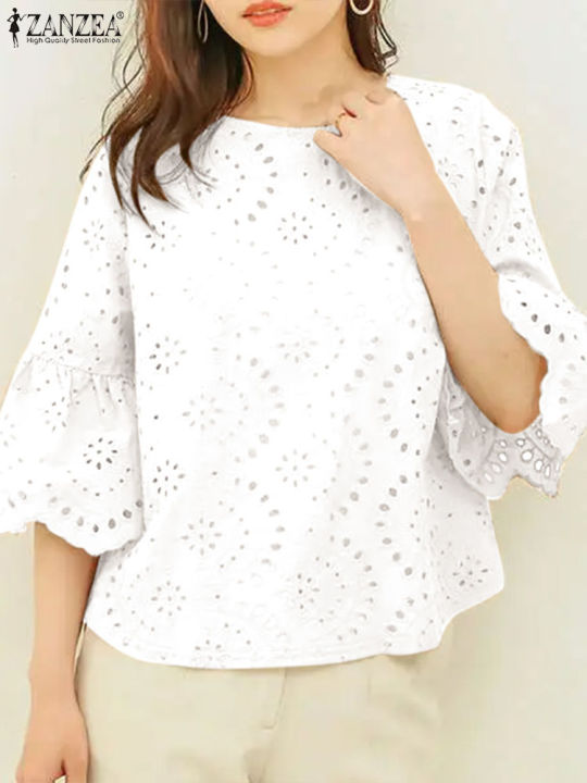 2024%20ZANZEA%20Women%20Elegant%20Lace%20Crochet%20Blouse%20Female%20Summer%20Tops%20Holiday%20Shirt%20Work%20OL%20Tops%20Stylish%203/4%20Sleeve%20Patchwork%20Blusas%20-%20Image%205