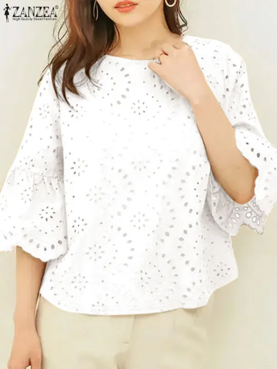 2024%20ZANZEA%20Women%20Elegant%20Lace%20Crochet%20Blouse%20Female%20Summer%20Tops%20Holiday%20Shirt%20Work%20OL%20Tops%20Stylish%203/4%20Sleeve%20Patchwork%20Blusas%20-%20Image%205