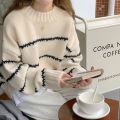 Women Sweater Casual Pullovers Autumn Winter Basics Knitted Korean Loose Striped O-neck Long Sleeve Elegance Sweet. 