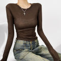 Women Crew Neck Fitted Long Sleeve Semi Sheer T-shirt. 