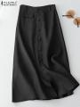 ZANZEA Elegant Cotton Midi Skirts Casual Button Up A-line Skirt Women High Waist Jupe 2024 Summer Solid Temperament Falda Mujer.
