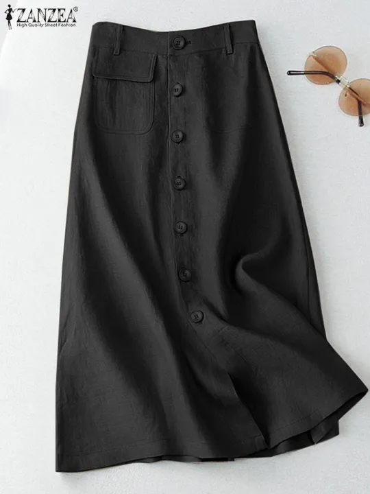 ZANZEA%20%20Elegant%20Cotton%20Midi%20Skirts%20Casual%20Button%20Up%20A-line%20Skirt%20Women%20High%20Waist%20Jupe%202024%20Summer%20Solid%20Temperament%20Falda%20Mujer%20-%20Image%205