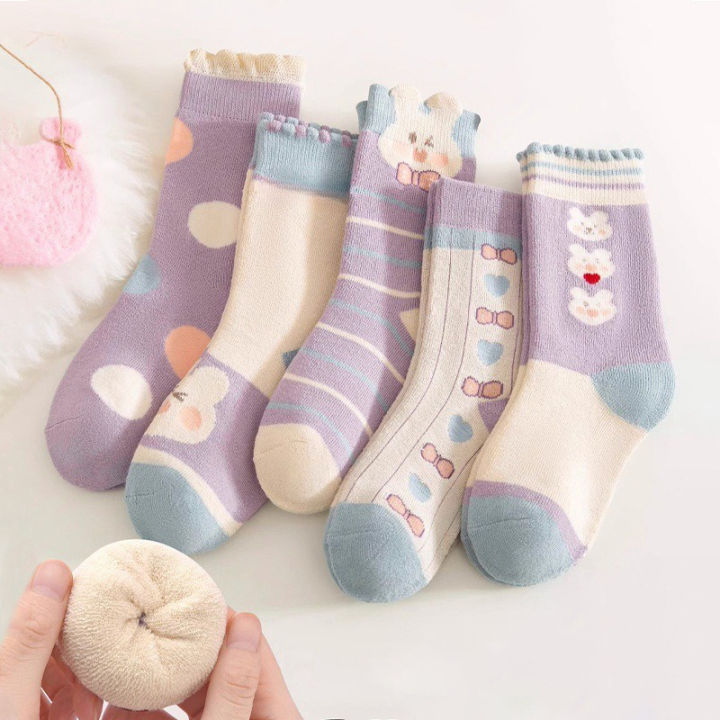 5%20Pairs%20Girls'%20Thick%20Socks,Cute%20Cartoon%20Bunny%20Children's%20Socks,%20Winter%20Warmth,%20%20Purple%20Mid%20Tube%20Socks,%20Autumn/Winter%20-%20Image%202