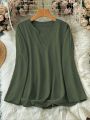 Plus Size 2025 New Casual Tops Women's Loose Long Sleeve Stand Collar T-shirts Polyester Fashion Female Apparel V-neck Clothing.