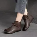 Retro Women Short Ankle Boots 2024 Autumn Winter Faux Cow Leather Slip-on Shoes Handmade Round Toe Light Weight Flat Booties. 