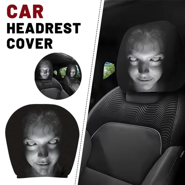 2Pcs Halloween Car Headrest Cover Black Horror Skull Printed Head Rest Cover Elastic Funny Seat Head Pillowcase Car Decor