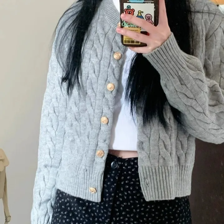 2024%20Vintage%20Long%20Sleeve%20Cardigan%20Women%20Sweater%20O-neck%20Elegant%20Knitted%20Top%20Fashion%20Autumn%20Grey%20Knitwear%20-%20Image%203