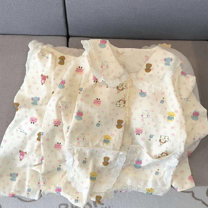 Sweet%20Cute%20Flower%20Dog%20Print%202PC%20Women's%20Pajamas%20Set%20Lapel%20Neck%20Lace%20Autumn%20Winter%20New%20Sleepwear%20Korean%20Casual%20Kawaii%20Loungewear%20-%20Image%202