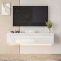 White Wall Mounted TV Console Rack | 3-Compartment Floating Cabinet with Drop-Down Door & Cable Management. 