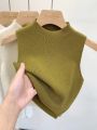 Spring Autumn Temperament Knitted Sweater Vest Women's Half-turtleneck Camisole Cropped Top Sleeveless Tank Top. 