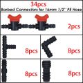 34Pcs 1/2" Drip Irrigation Fittings Kit Straight Tee Elbow Plug For 1/2 Inch 16mm Tubing Garden Watering Hose Connect. 