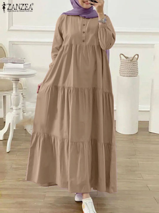 Autumn Muslim Abaya Long Dress ZANZEA Fashion Women Long Sleeve Solid Ruffles Sundress Robe Femme Eid Mubarek Islamic Clothing